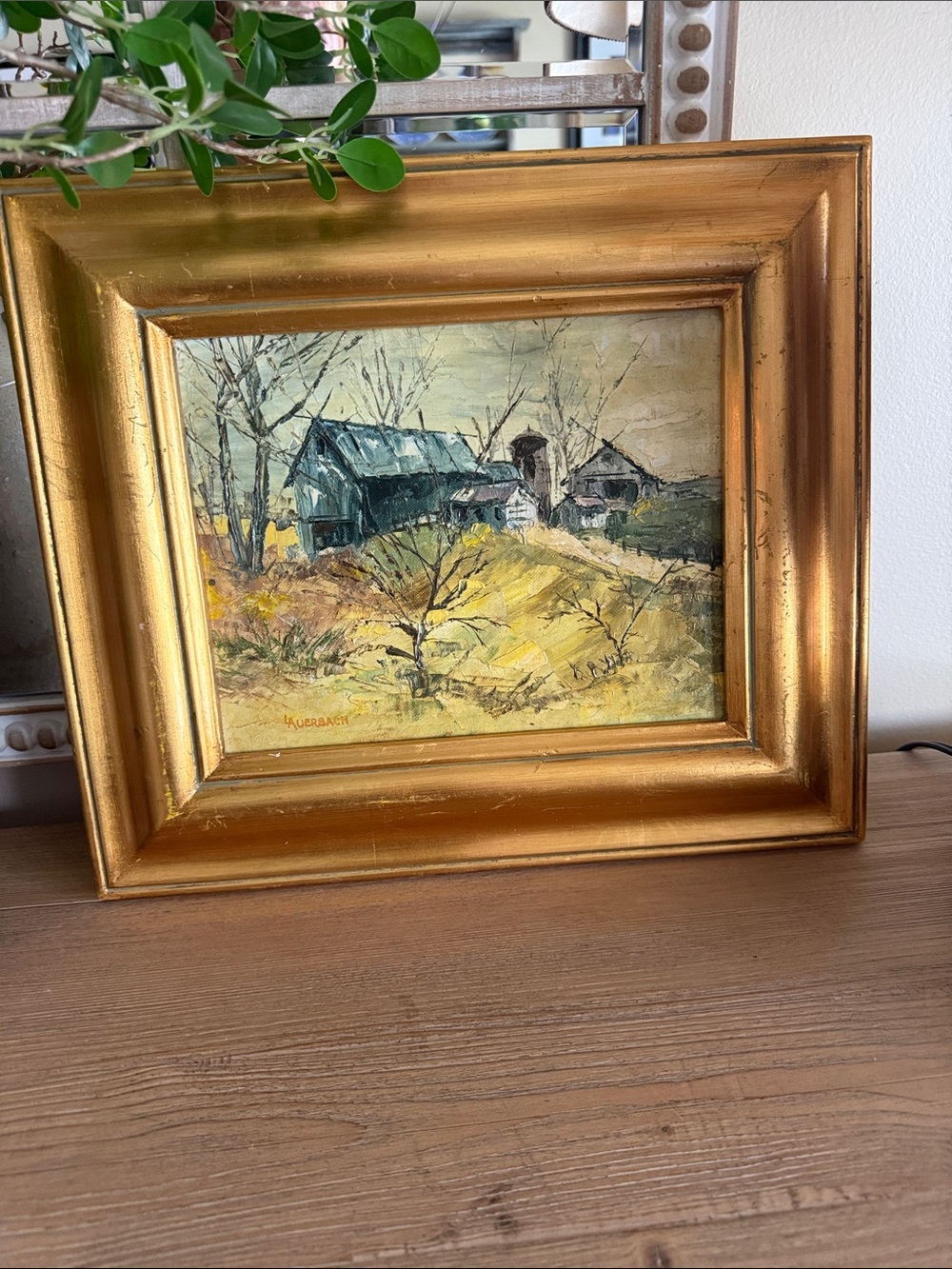 Rustic Barn Landscape oil Painting in Blue and Gold by LAuerbach  on canvas.